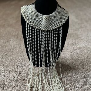 White Pearl Bib Collar Necklace with Dangling Strands